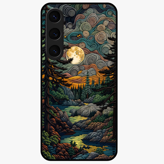 Moonlight Forest Dream Glass Case showing flat back view with mystical forest moonlight artwork and glossy glass finish.