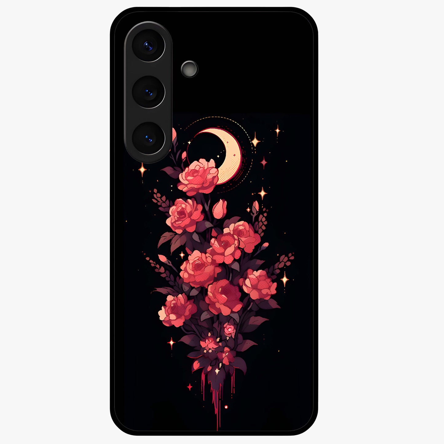 Moonlit Floral Elegance Glass Case showing flat back view with elegant floral artwork under moonlit tones and glossy glass finish.