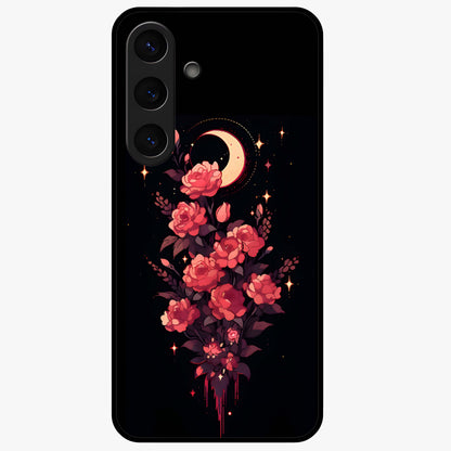 Moonlit Floral Elegance Glass Case showing flat back view with elegant floral artwork under moonlit tones and glossy glass finish.