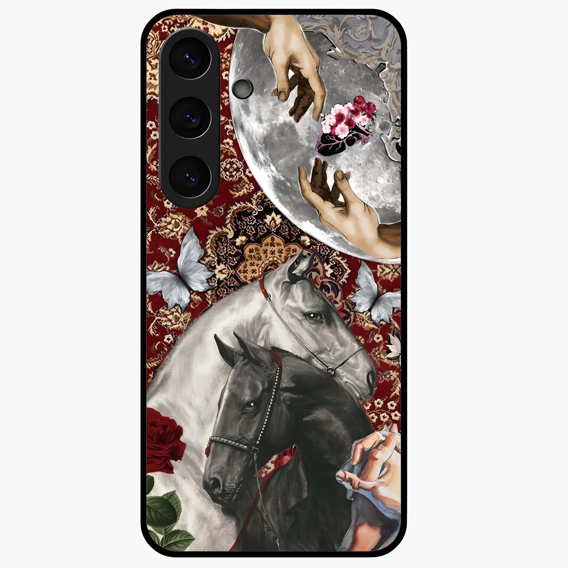 Moonlit Royal Stallion Glass Case showing flat back view with majestic horse under moonlight artwork and glossy glass finish.