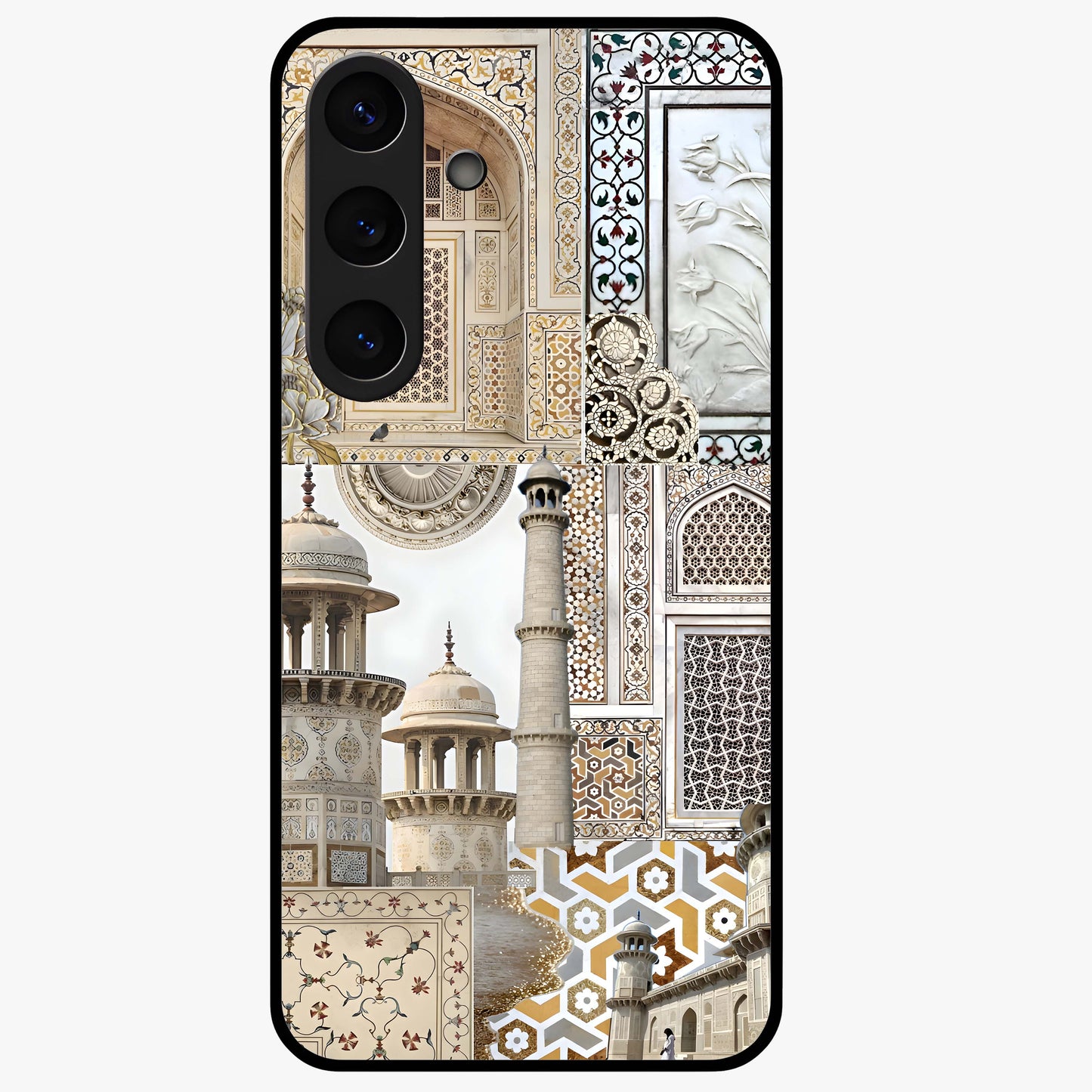 Mughal Marble Legacy Glass Case showing flat back view with intricate Mughal inspired marble pattern and glossy glass finish.
