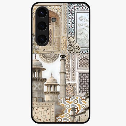 Mughal Marble Legacy Glass Case showing flat back view with intricate Mughal inspired marble pattern and glossy glass finish.