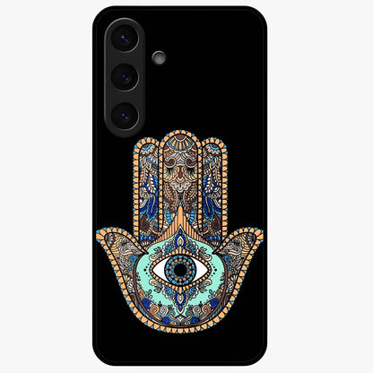 Mystic Hamsa Eye Glass Case showing flat back view with protective hamsa hand and evil eye artwork and glossy glass finish.