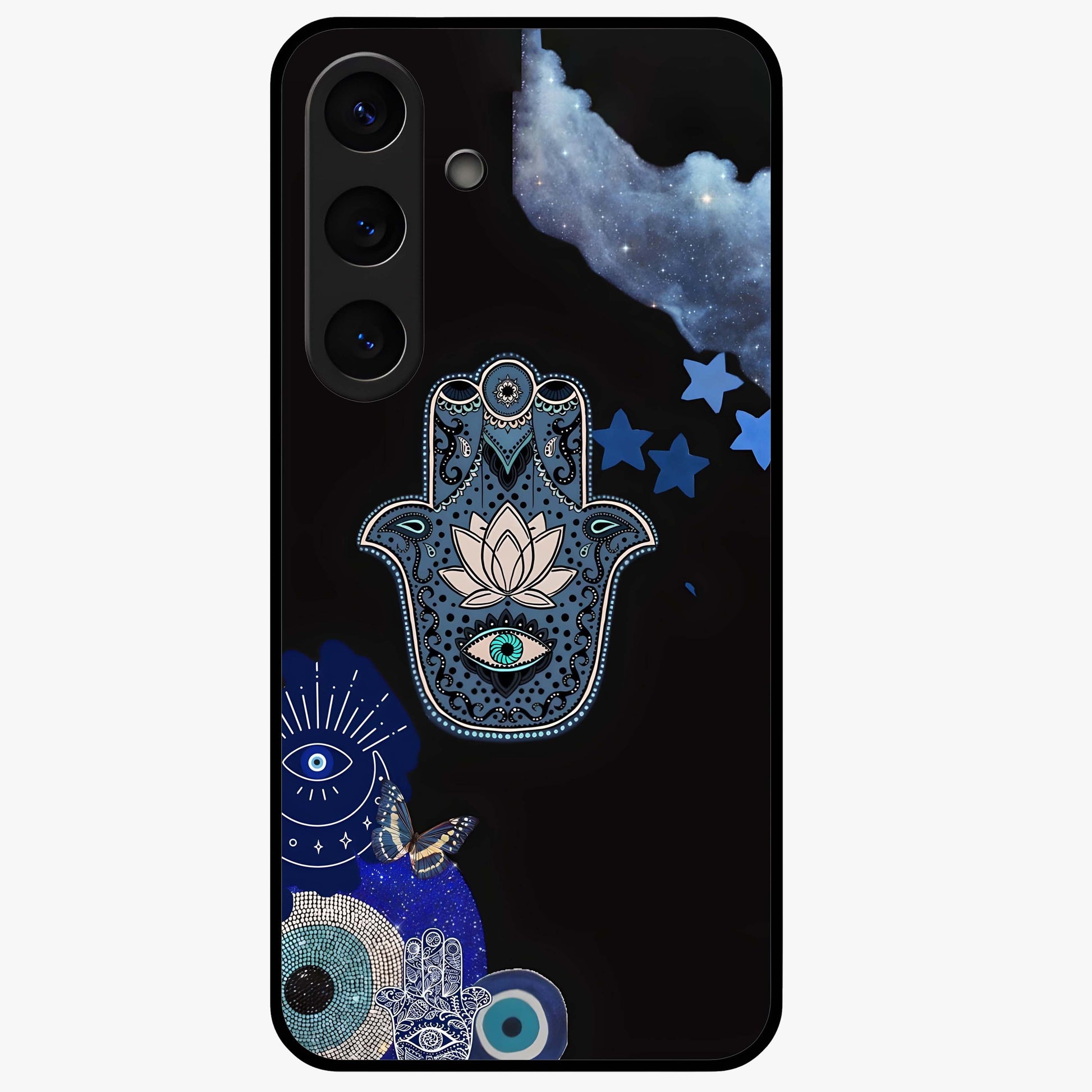 Mystic Hand Aura Glass Case showing flat back view with mystical hand symbol artwork and glossy glass finish.