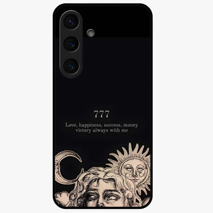 Mystic Victory Aura Glass Case showing flat back view with victory symbol artwork and glossy glass finish.