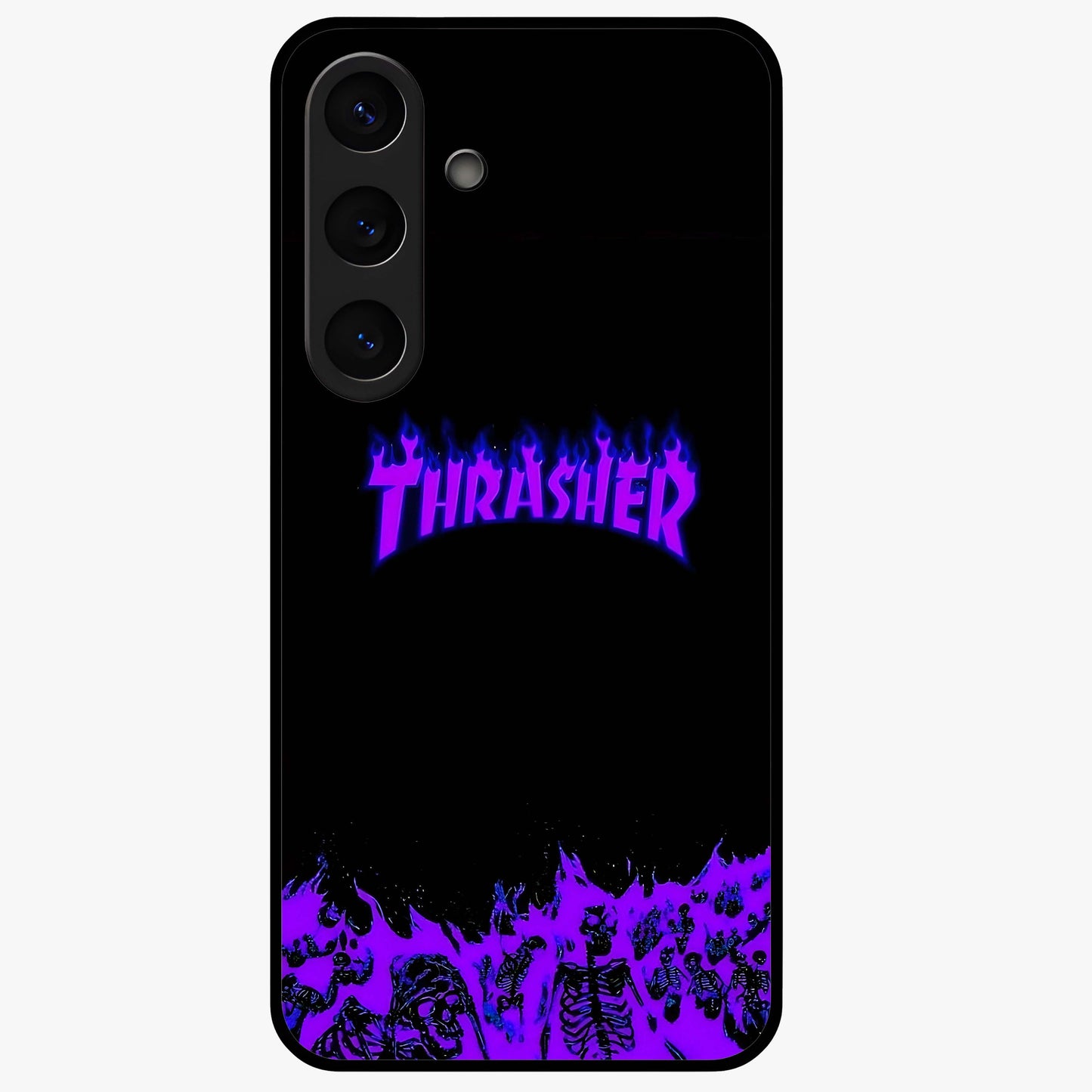 Neon Flame Riot Glass Case showing flat back view with neon flame artwork and glossy glass finish.