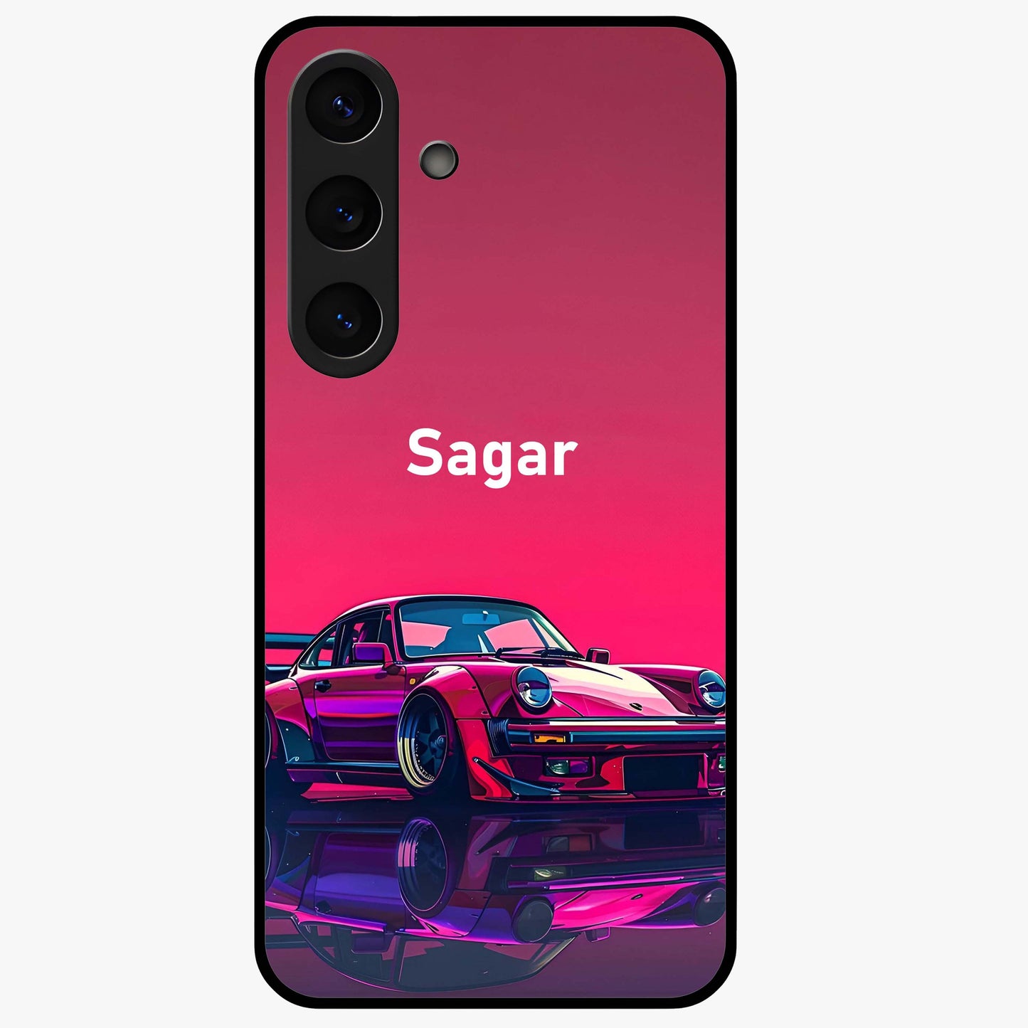 Neon Pink Porsche Glass Case showing flat back view with stylish sports car artwork and glossy glass finish.
