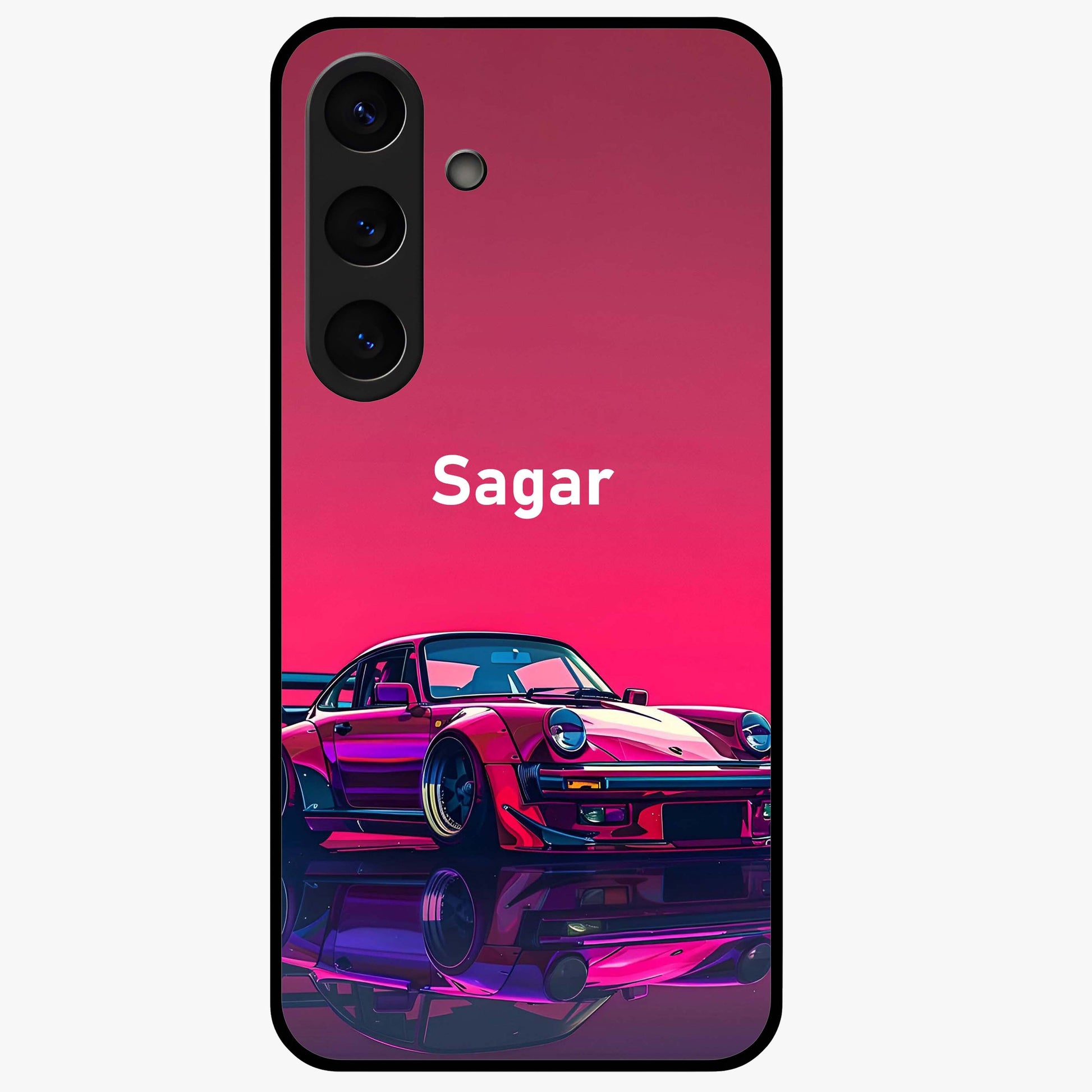 Neon Pink Porsche Glass Case showing flat back view with stylish sports car artwork and glossy glass finish.