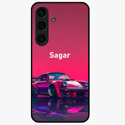 Neon Pink Porsche Glass Case showing flat back view with stylish sports car artwork and glossy glass finish.