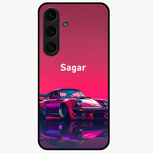 Neon Pink Porsche Glass Case showing flat back view with stylish sports car artwork and glossy glass finish.