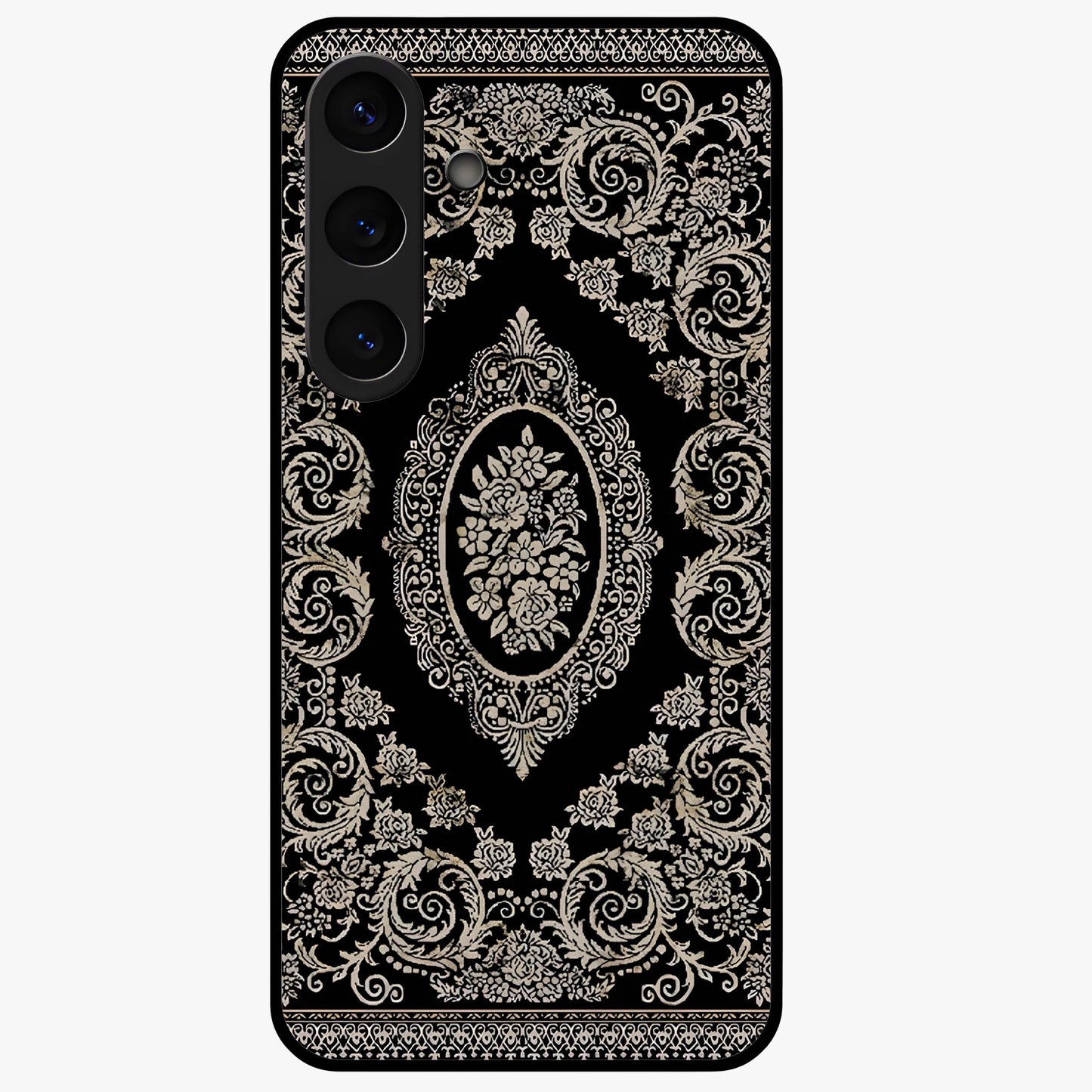 Noir Bloom Elegance Glass Case showing flat back view with elegant dark floral artwork and glossy glass finish.