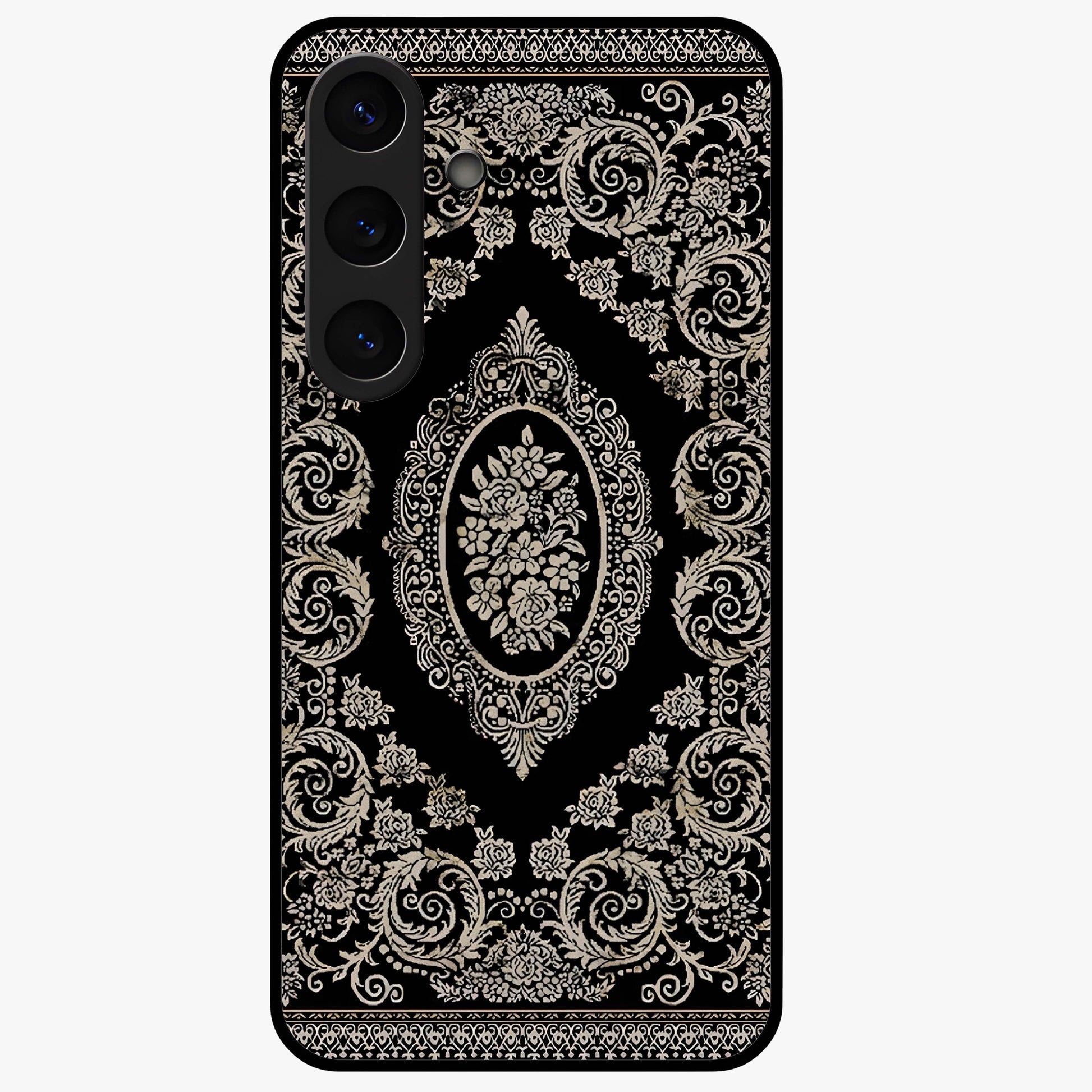 Noir Bloom Elegance Glass Case showing flat back view with elegant dark floral artwork and glossy glass finish.
