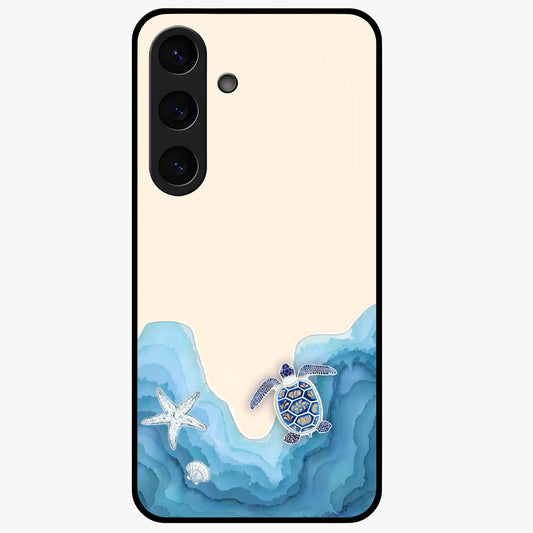Ocean Drift Turtle Glass Case showing flat back view with sea turtle artwork and glossy glass finish.