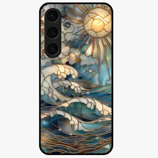 Oceanic Stained Printed Glass Case showing flat back view with ocean inspired stained pattern artwork and glossy glass finish.