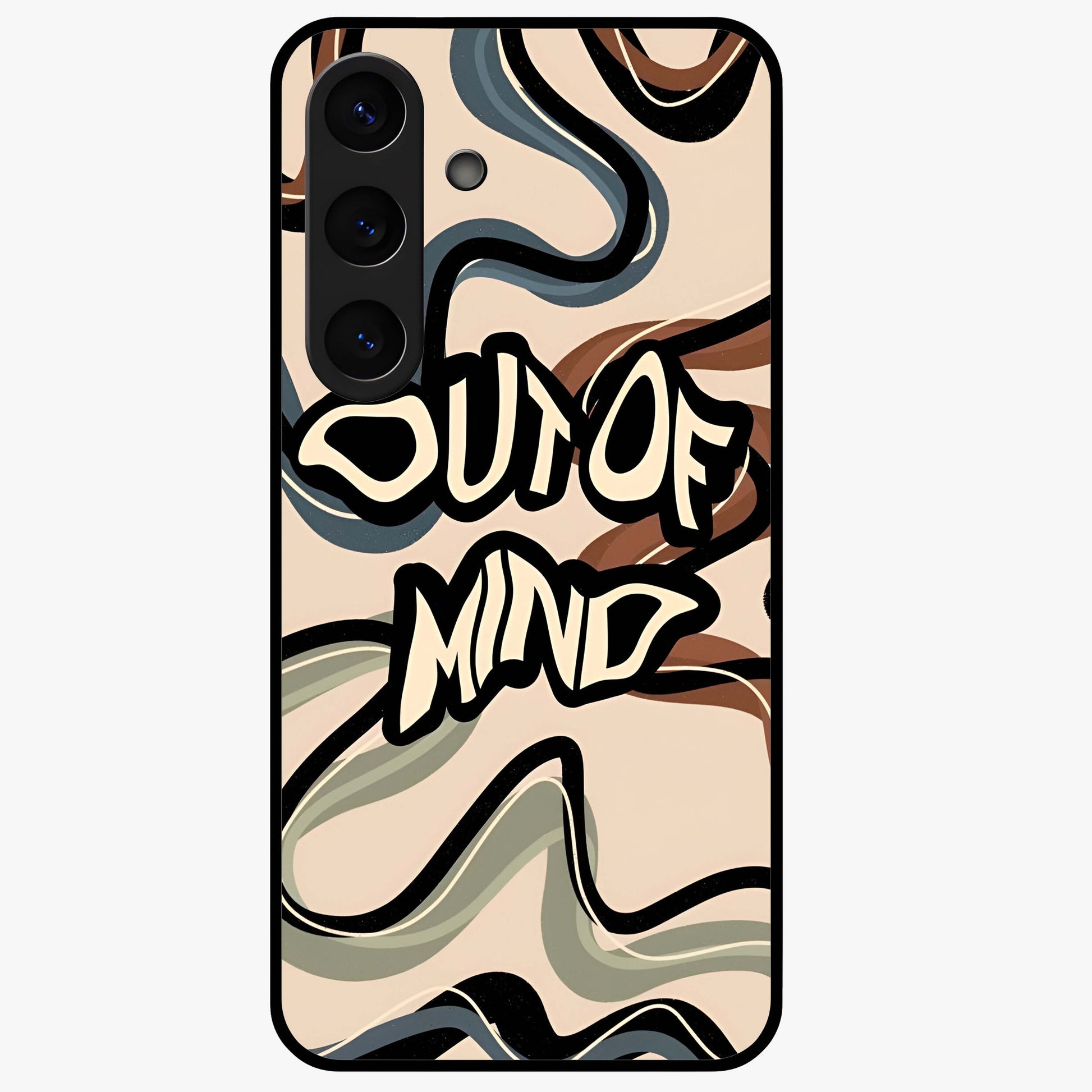 Out Of Mind Glass Case showing flat back view with expressive typography artwork and glossy glass finish.