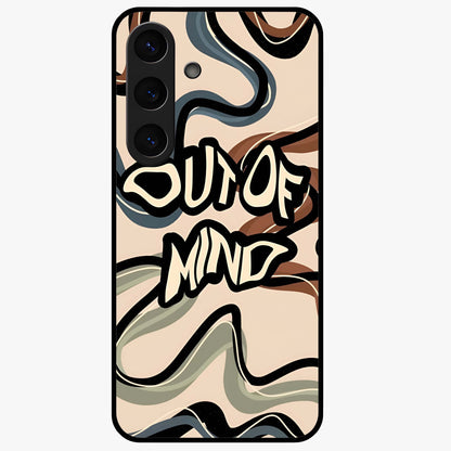Out Of Mind Glass Case showing flat back view with expressive typography artwork and glossy glass finish.