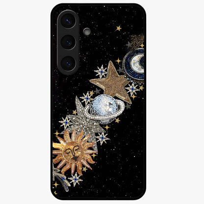 Pearls Universe Object Glass Case showing flat back view with pearl inspired cosmic artwork and glossy glass finish.