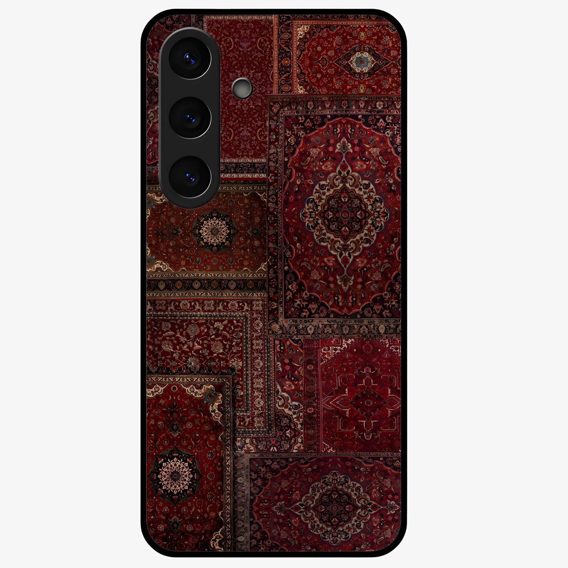 Persian Velvet Tale Glass Case showing flat back view with luxurious Persian velvet pattern artwork and glossy glass finish.