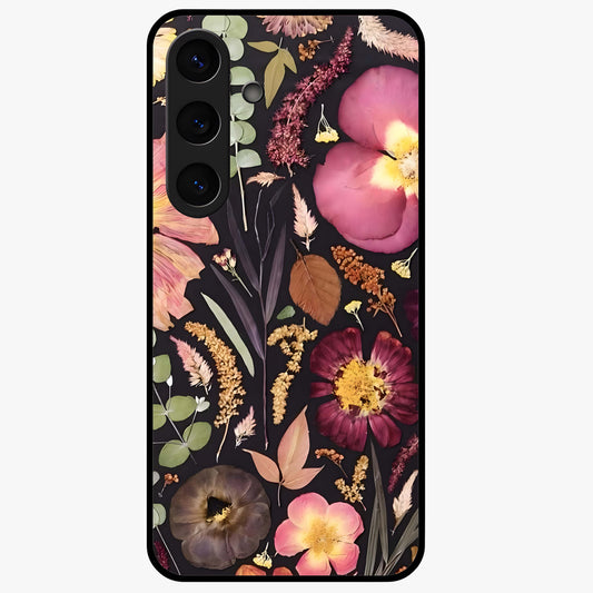 Petal Dream Tapestry Glass Case showing flat back view with intricate floral tapestry artwork and glossy glass finish.