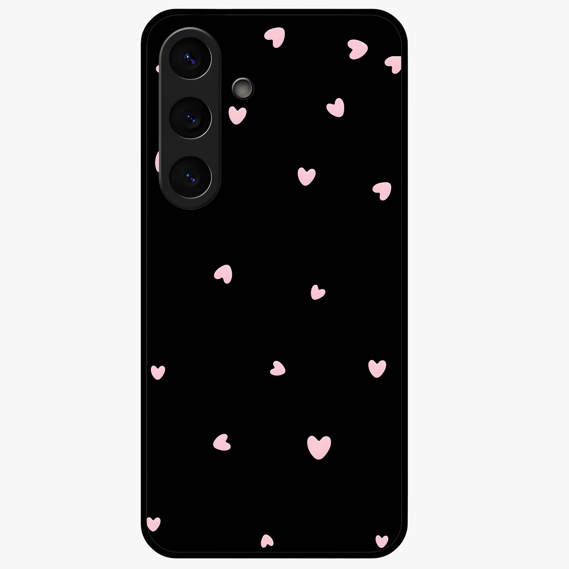 Pink Love Drops Glass Case showing flat back view with playful pink heart drops artwork and glossy glass finish.