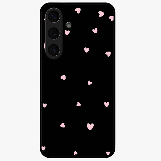 Pink Love Drops Glass Case showing flat back view with playful pink heart drops artwork and glossy glass finish.