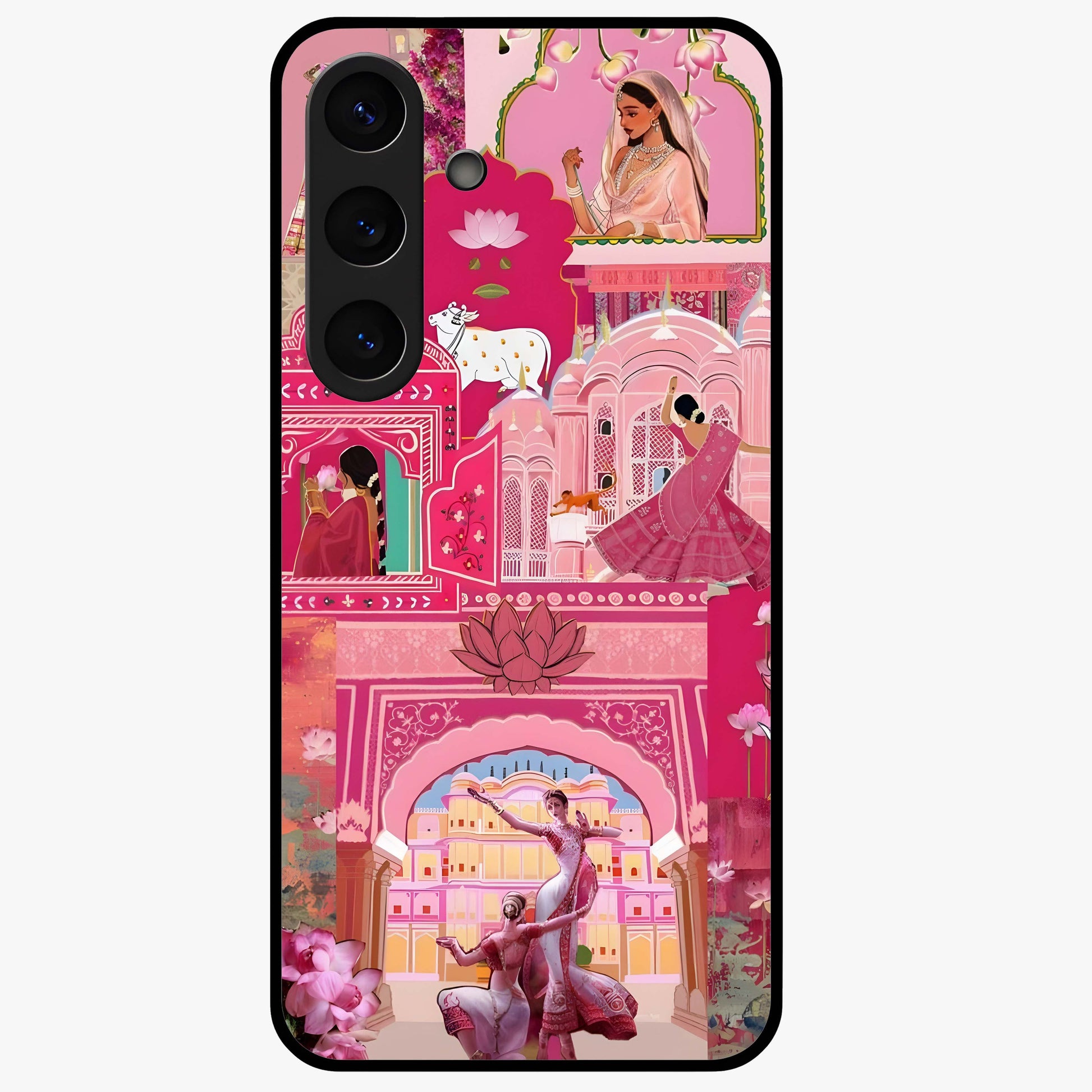 Pink Palace Muse Glass Case showing flat back view with elegant palace inspired artwork and glossy glass finish.