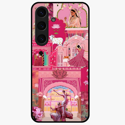Pink Palace Muse Glass Case showing flat back view with elegant palace inspired artwork and glossy glass finish.
