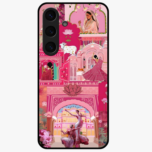 Pink Palace Muse Glass Case showing flat back view with elegant palace inspired artwork and glossy glass finish.