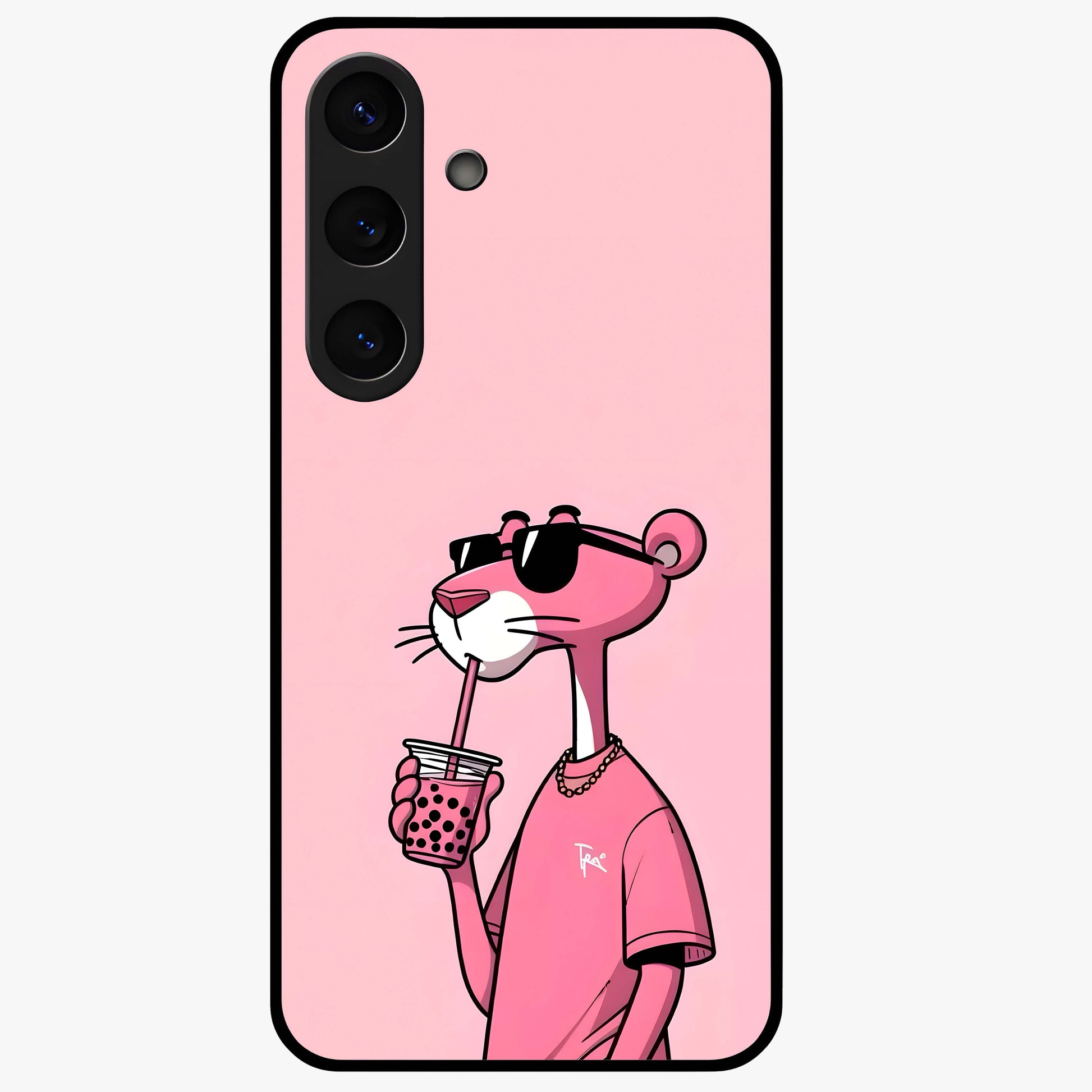 Pink Panther Glass Case showing flat back view with iconic pink panther artwork and glossy glass finish.