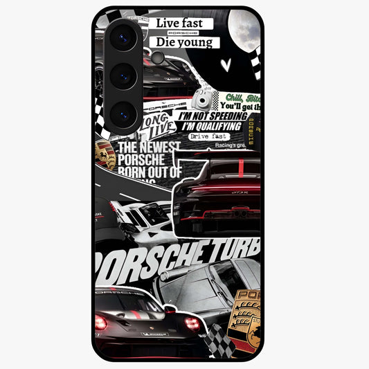 Porsche Racing Collage Glass Case showing flat back view with sports car racing collage artwork and glossy glass finish.