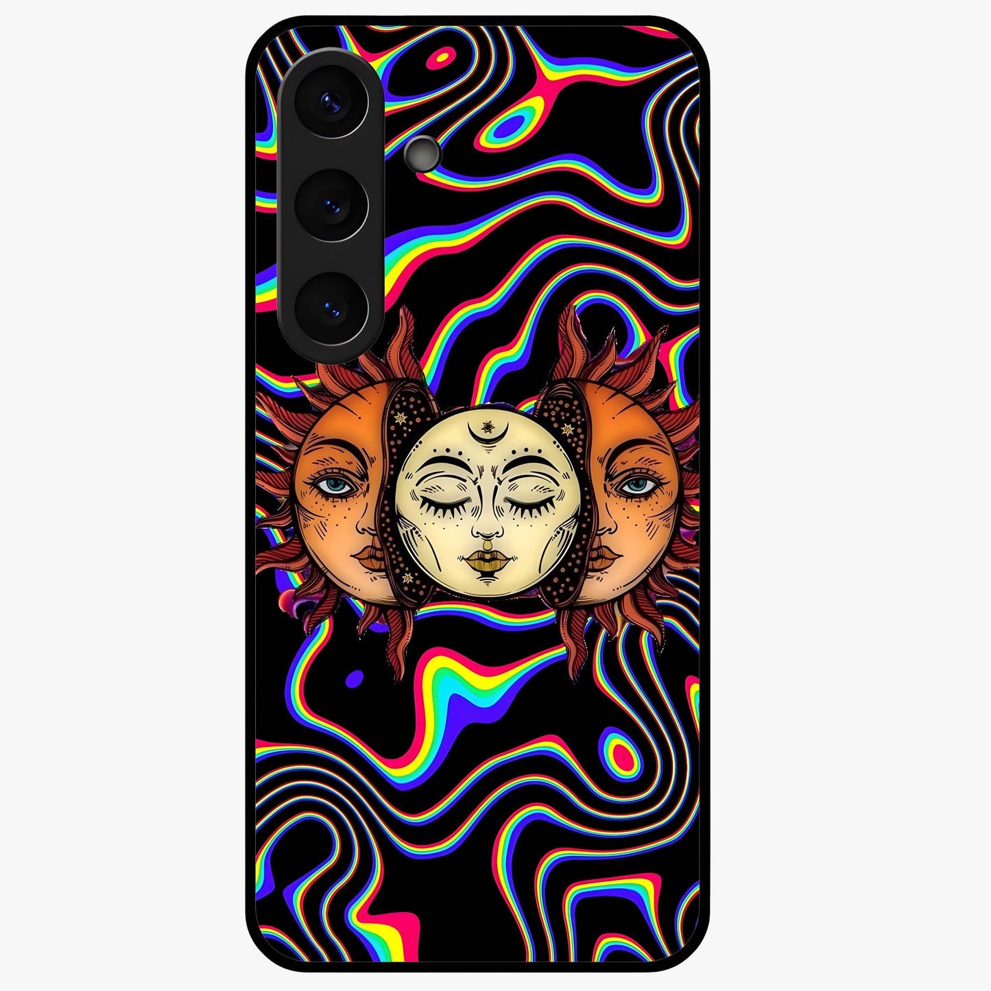 Psychedelic Sun Glass Case showing flat back view with colorful psychedelic sun artwork and glossy glass finish.