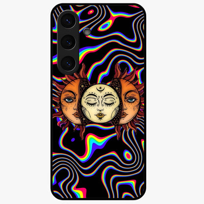 Psychedelic Sun Glass Case showing flat back view with colorful psychedelic sun artwork and glossy glass finish.