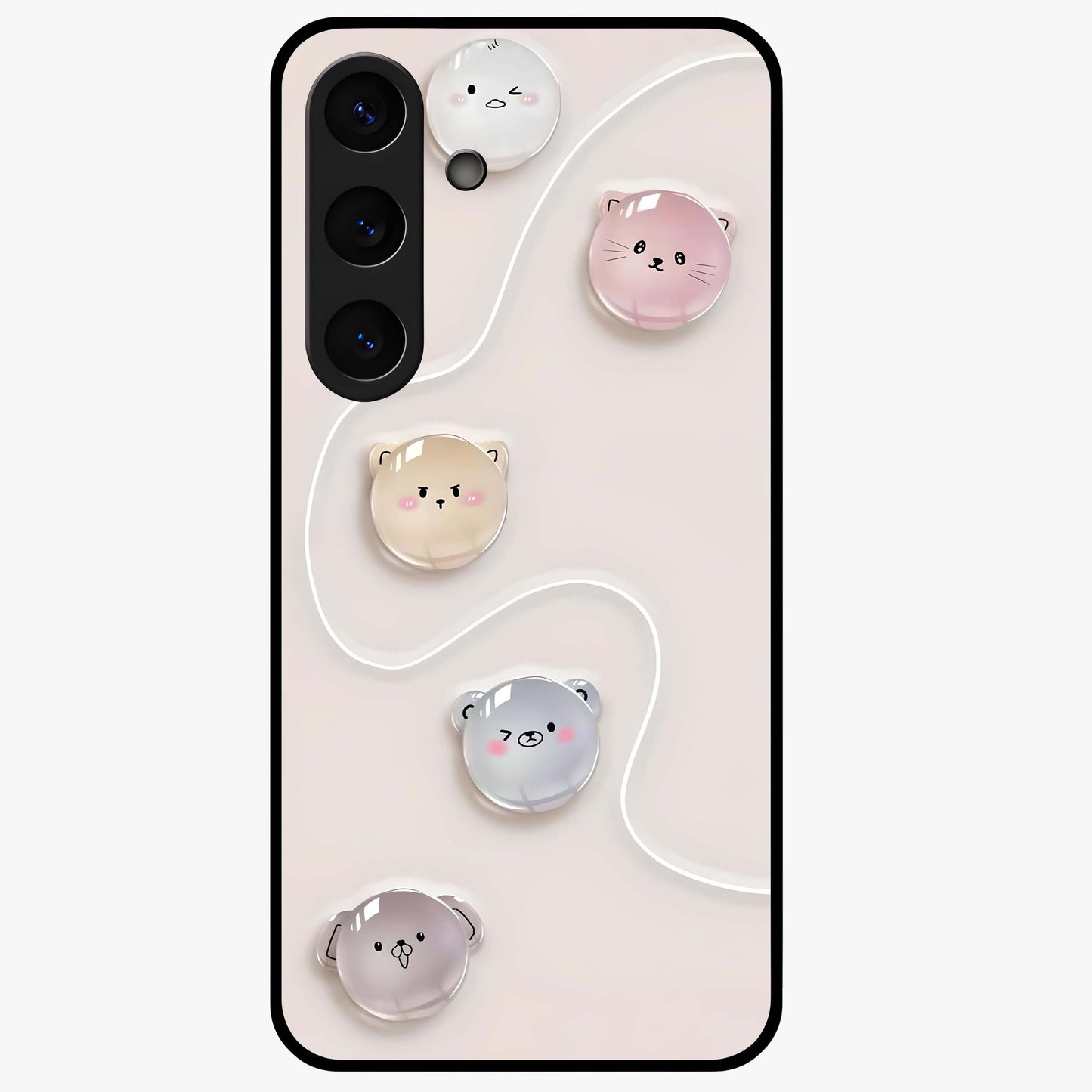 Puffy Face Parade Glass Case showing flat back view with cute puffy character faces artwork and glossy glass finish.