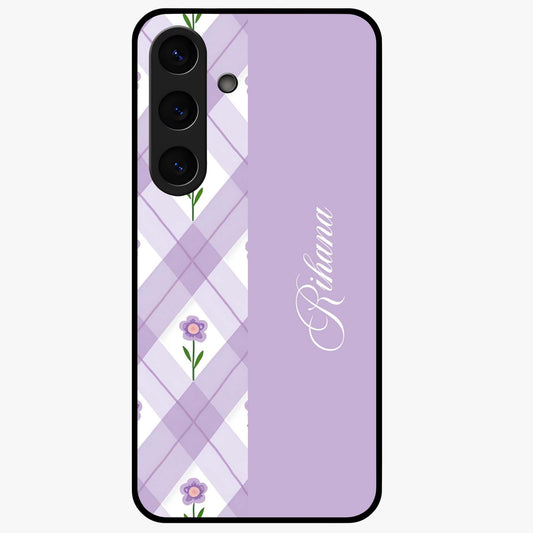 Purple Diamond Floral Glass Case showing flat back view with diamond shaped floral artwork and glossy glass finish.