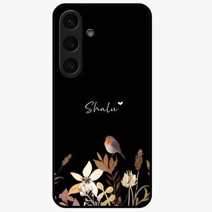 Quiet Garden Tune Custom Name Glass Case showing flat back view with peaceful garden artwork and personalized name design.