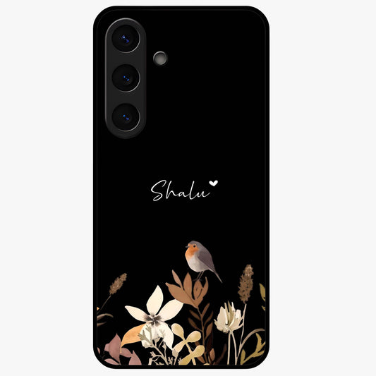 Quiet Garden Tune Custom Name Glass Case showing flat back view with peaceful garden artwork and personalized name design.