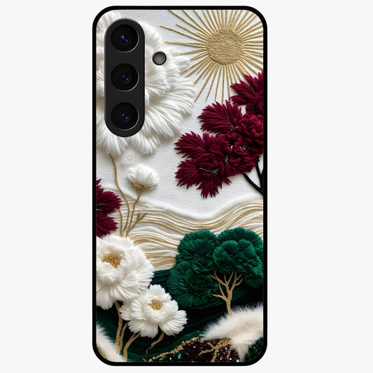 Radiant Bloom Elegance Glass Case showing flat back view with elegant blooming flower artwork and glossy glass finish.
