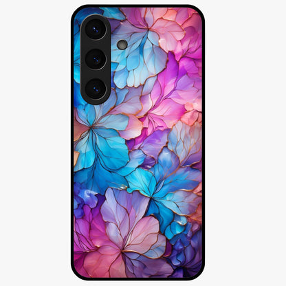 Radiant Floral Whirl Glass Case showing flat back view with swirling floral artwork and glossy glass finish.