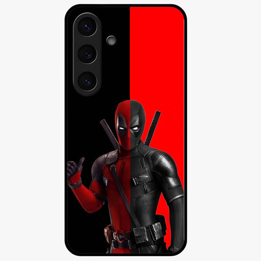 Red & Black Deadpool Theme Glass Case showing flat back view with bold comic inspired artwork and glossy glass finish.