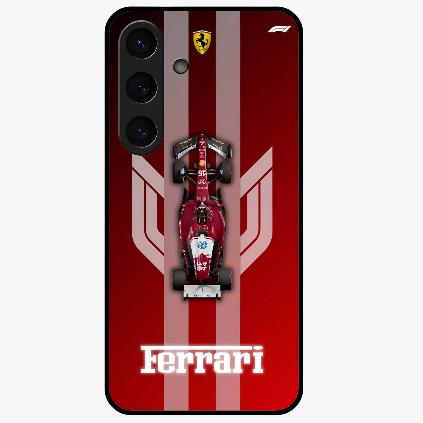 Red Ferrari F1 Vertical Glass Case showing flat back view with sleek Formula racing car artwork and glossy glass finish.