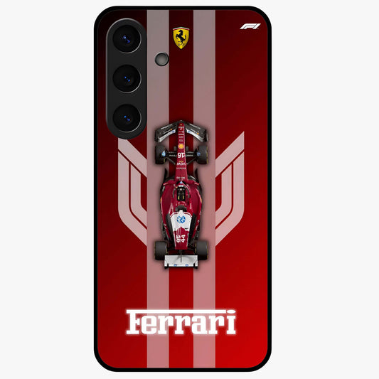 Red Ferrari F1 Vertical Glass Case showing flat back view with sleek Formula racing car artwork and glossy glass finish.
