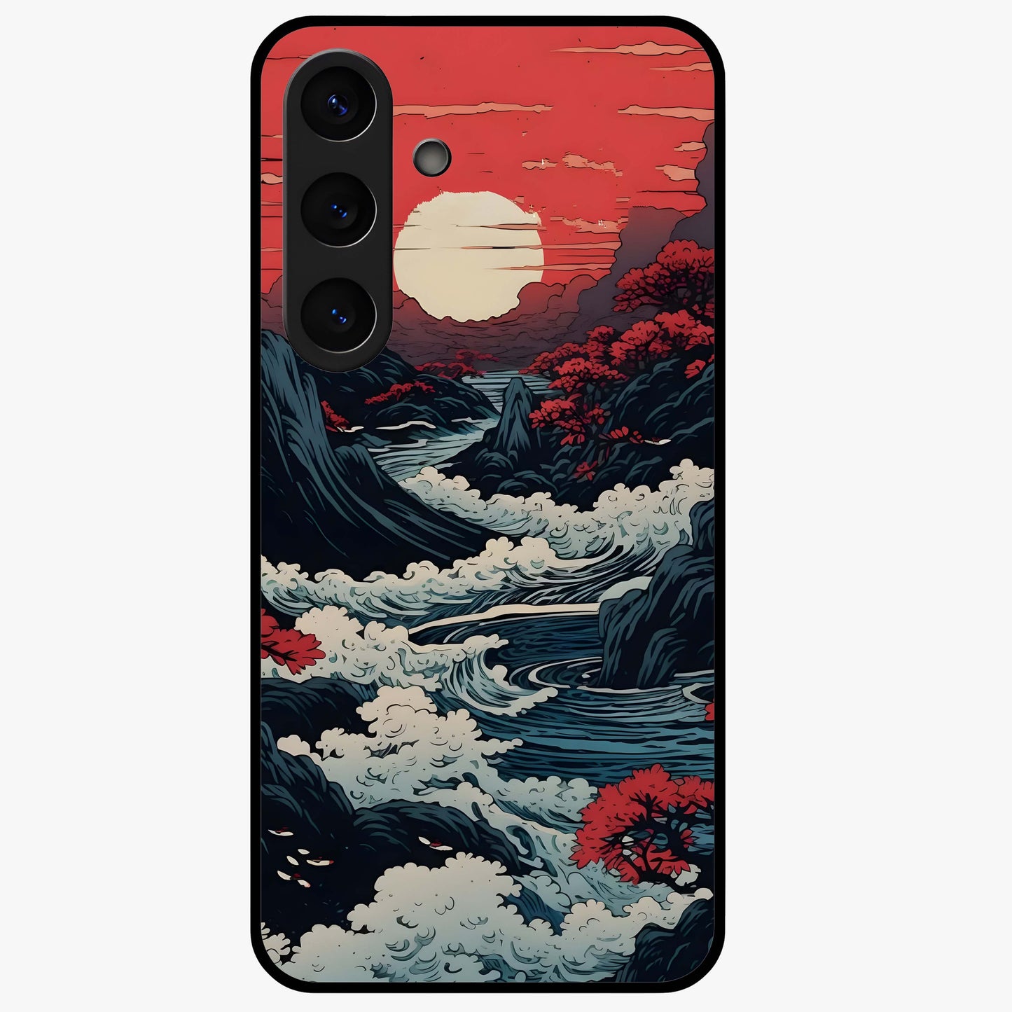 Red Sunset Scenery Glass Case showing flat back view with vibrant sunset landscape artwork and glossy glass finish.