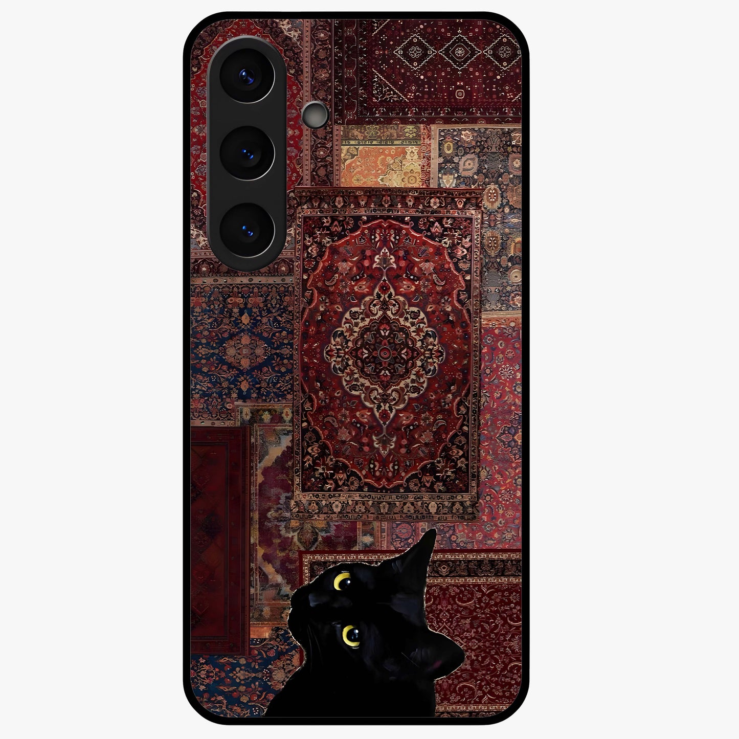Regal Magic Cat Apple Glass Case showing flat back view with magical cat artwork holding apple and glossy glass finish.