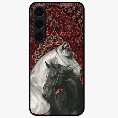 Regal Stallion Tapestry Glass Case showing flat back view with majestic horse tapestry artwork and glossy glass finish.