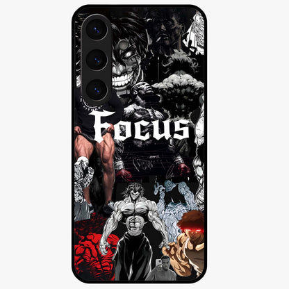 Relentless Power Focus Glass Case showing flat back view with motivational typography artwork and glossy glass finish.