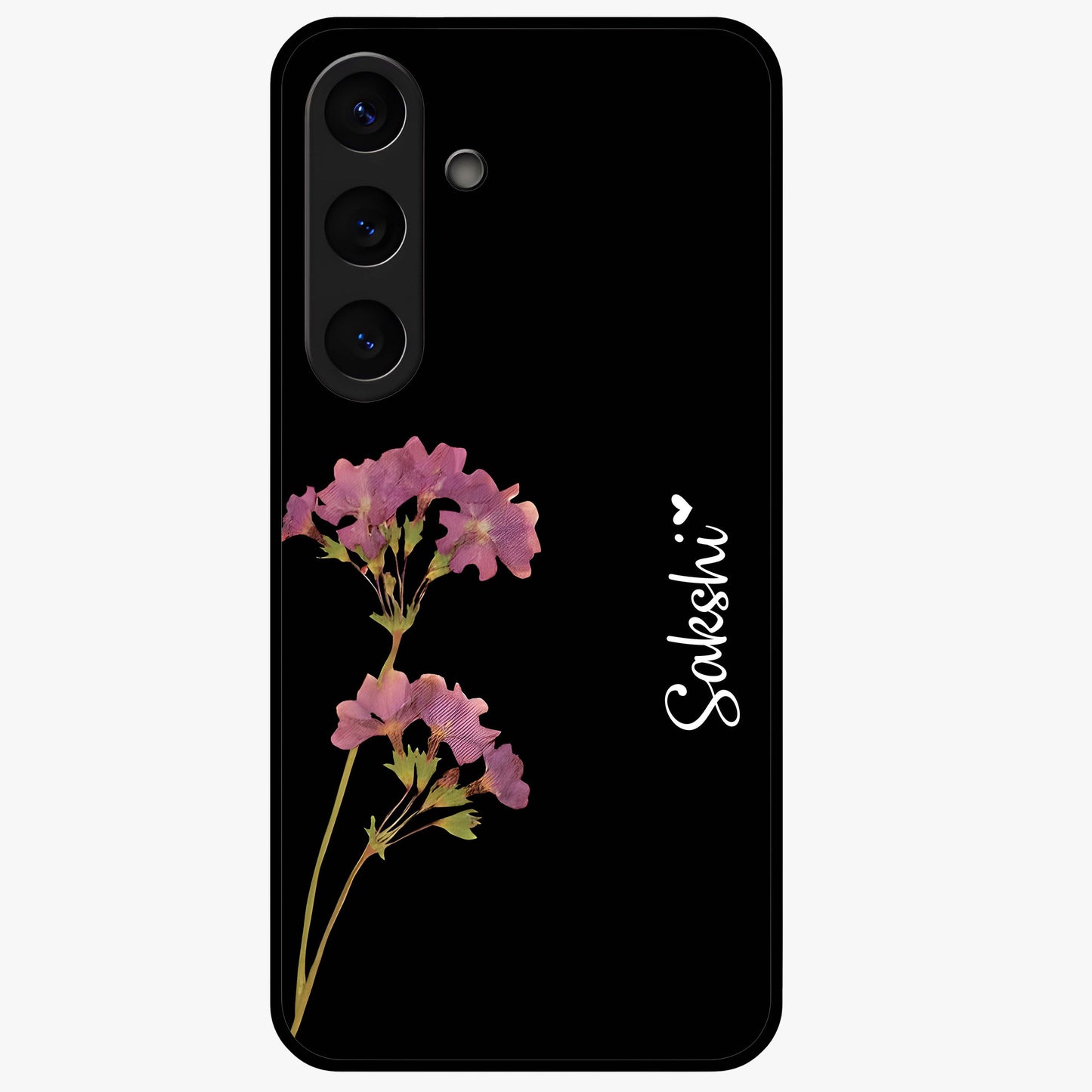 Riching Lavender Flower Custom Name Glass Case showing flat back view with lavender floral artwork and personalized name design.