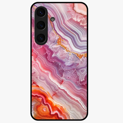 Rose Quartz Marble Glass Case showing flat back view with pink marble quartz texture artwork and glossy glass finish.