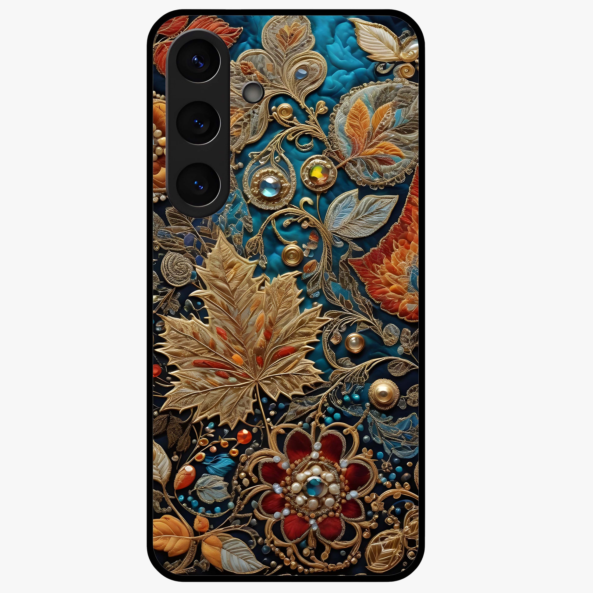 Royal Jewel Garden Glass Case showing flat back view with decorative floral garden artwork and glossy glass finish.