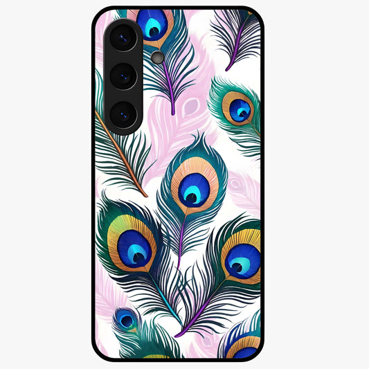 Royal Peacock Feathers Glass Case showing flat back view with colorful peacock feather artwork and glossy glass finish.