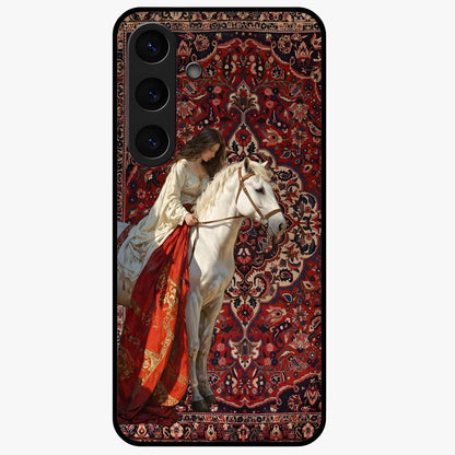Royal Rider Tapestry Glass Case showing flat back view with majestic horse rider tapestry artwork and glossy glass finish.